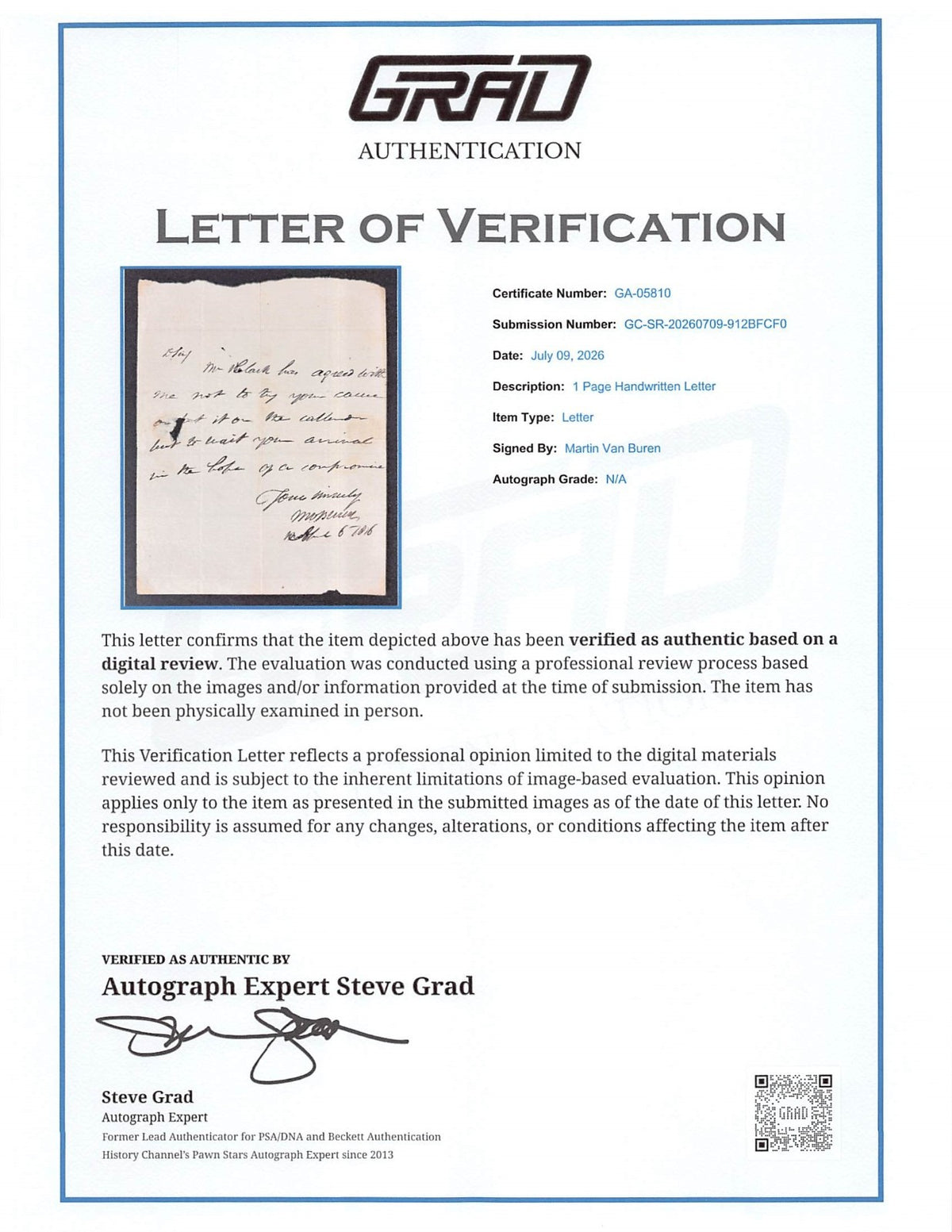 Martin Van Buren Signed Handwritten Letter Legal Compromise President GRAD LOA1