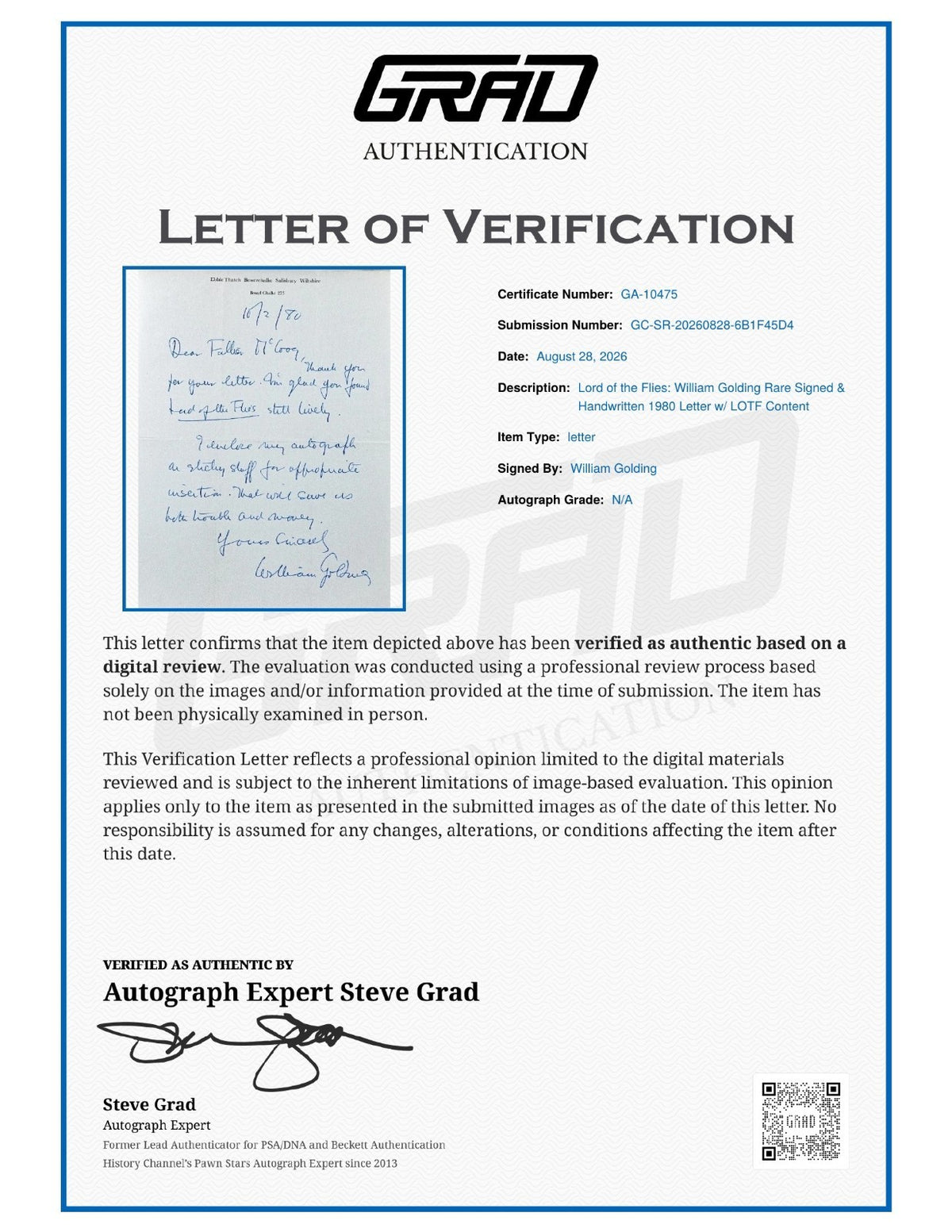 William Golding Signed Auto Handwritten 1980 Letter Lord of the Flies Grad LOA1