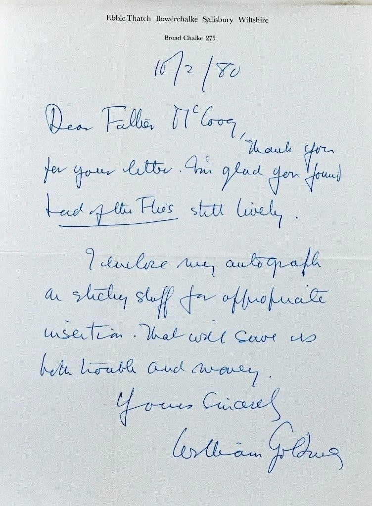William Golding Signed Auto Handwritten 1980 Letter Lord of the Flies Grad LOA0