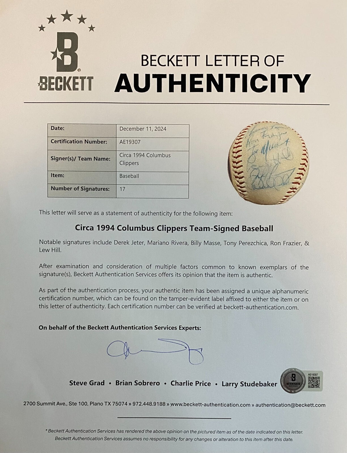 1995 Columbus Clippers Signed Baseball Jeter Rivera Posada Rookie BAS Beckett4