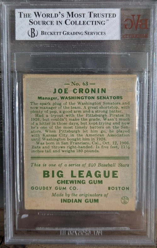 1933 Goudey 63 Joe Cronin Boston Red Sox HOF Beckett BVG 4.5 VG EX+1