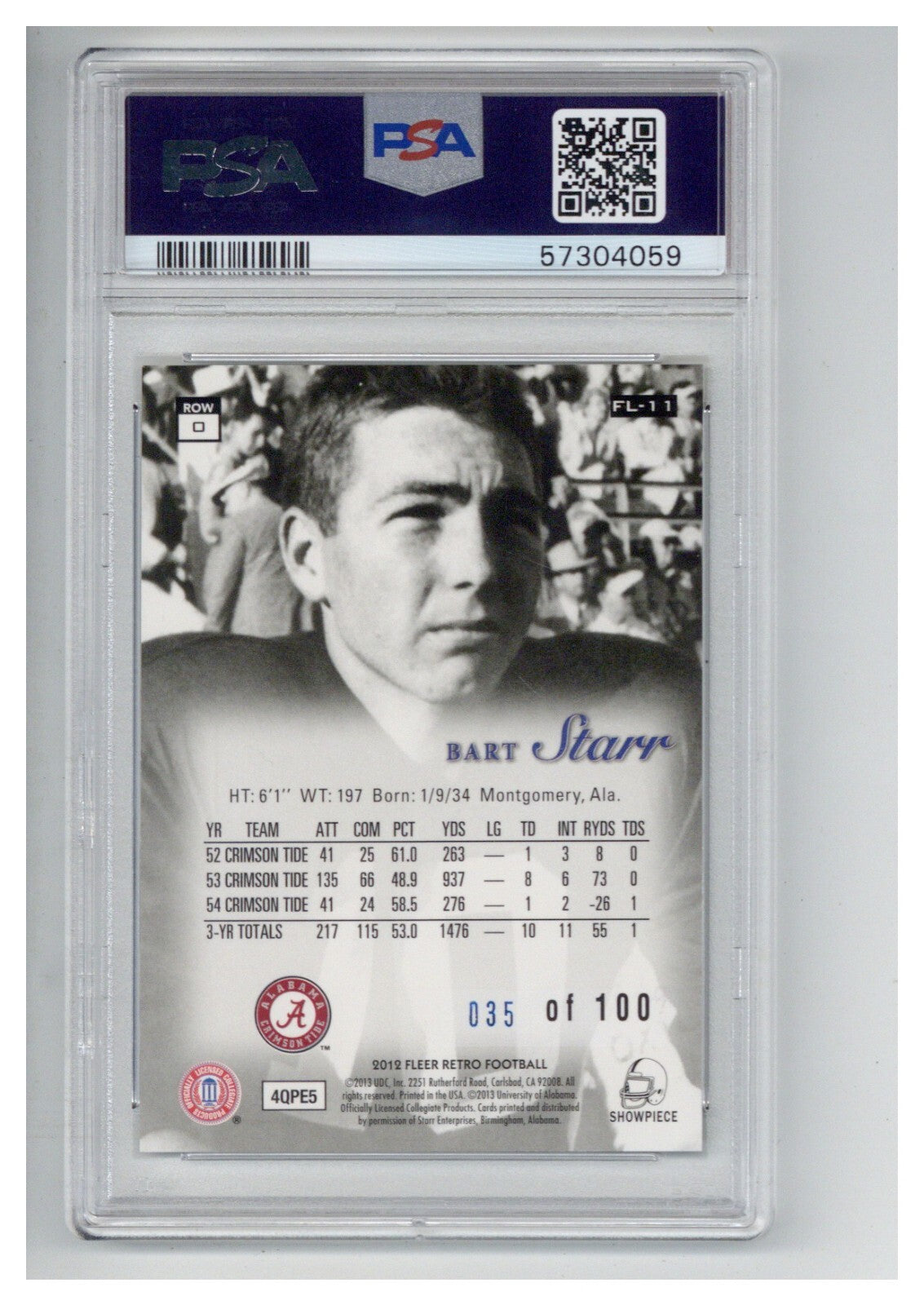 2012 Fleer Retro Flair Showcase Legacy Row 0 Bart Starr /100 PSA 101