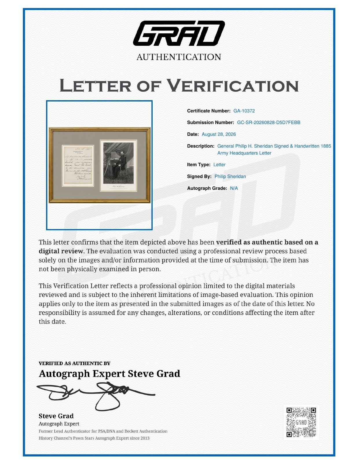 General Philip H Sheridan Signed Auto Handwritten 1885 Army Letter Grad LOA1