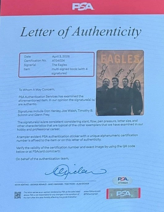 Eagles Group Signed Auto 2001 9x14 Tour Program Walsh Frey Henley Schmit PSA DNA1