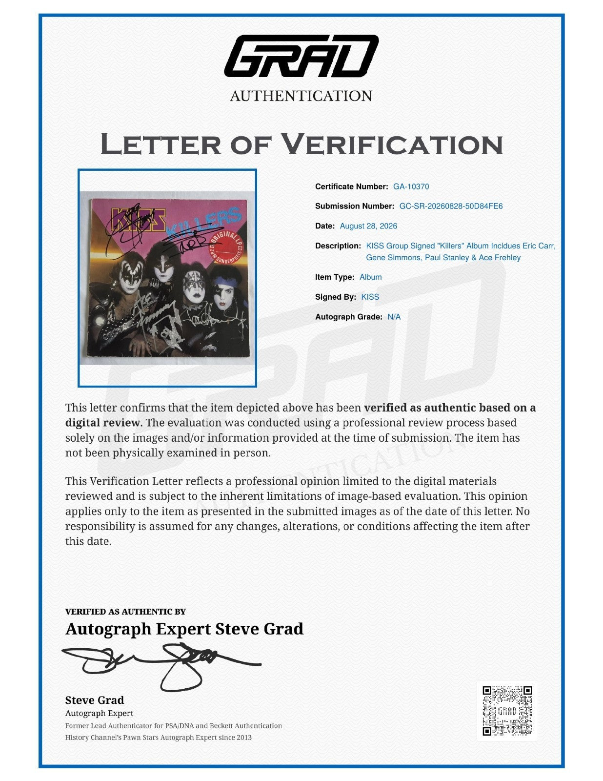 KISS Group Signed Auto Killers Album Eric Carr Rare Grad LOA1