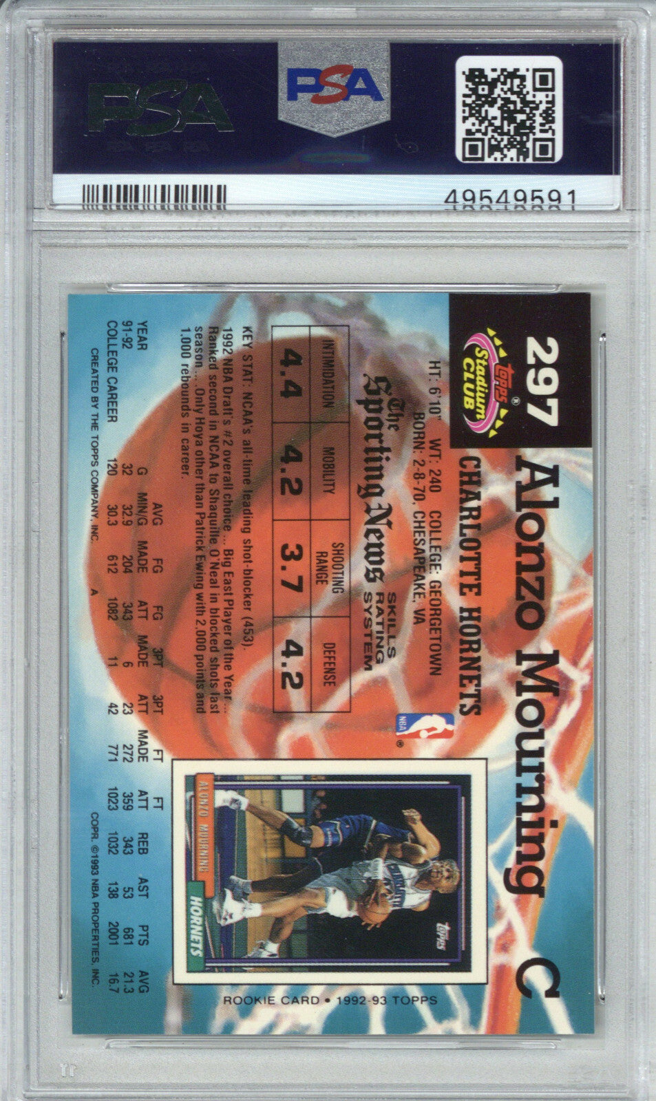 1992 Stadium Club 297 Alonzo Mourning PSA 81