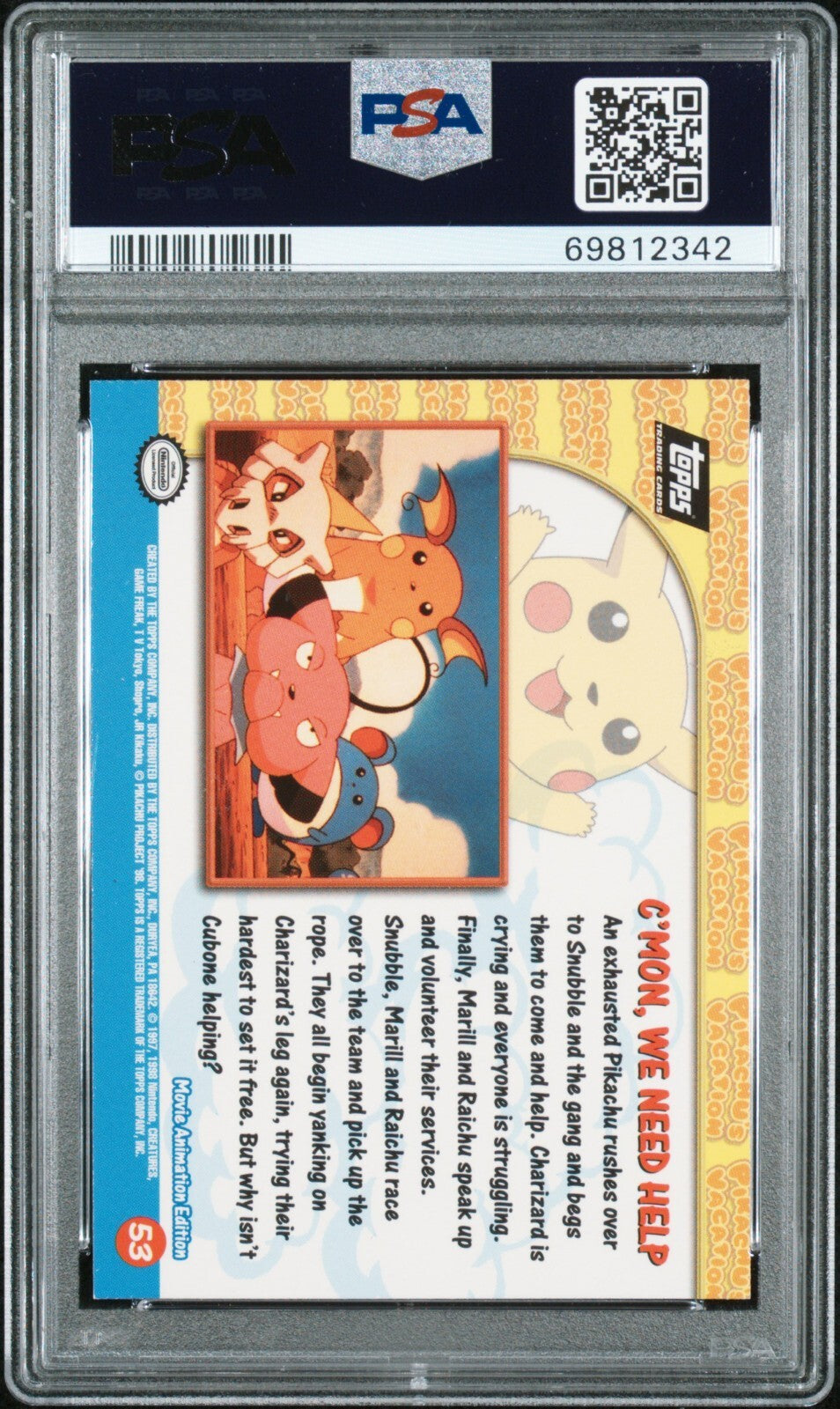 1999 Topps Pokemon the Movie 53 C'Mon We Need Help Foil Pikachu PSA 91