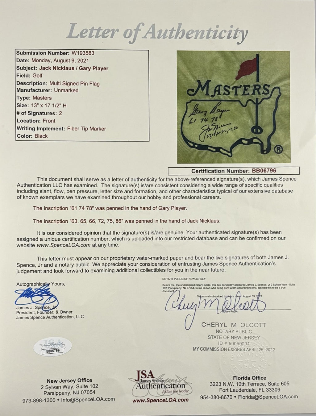 Jack Nicklaus Gary Player Signed Winning Year Inscribed Masters Flag JSA1