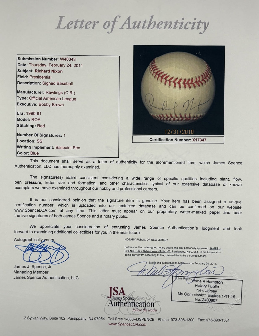President Richard Nixon Signed OAL Baseball JSA2