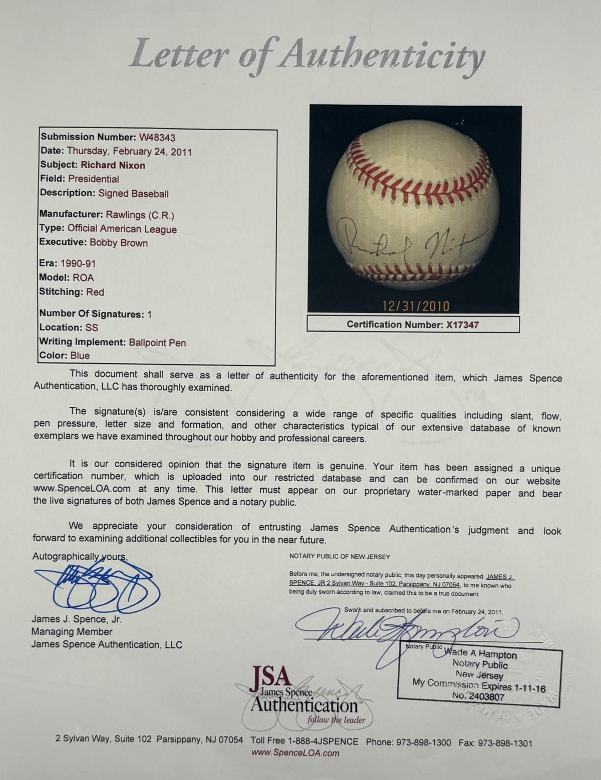 President Richard Nixon Signed OAL Baseball JSA2