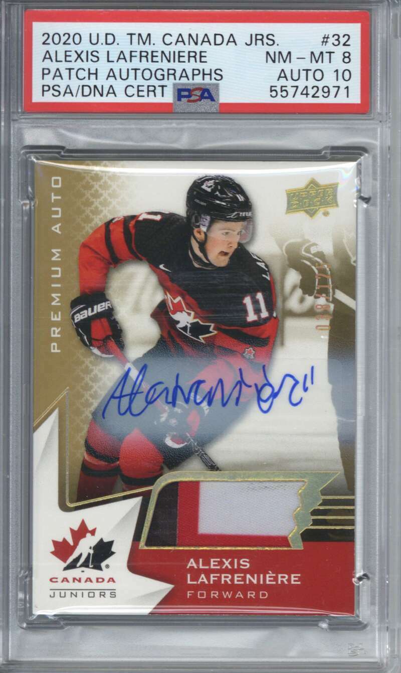 2020 Upper Deck Team Canada Juniors Alexis Lafreniere Patch Auto /125 PSA 8 10 0