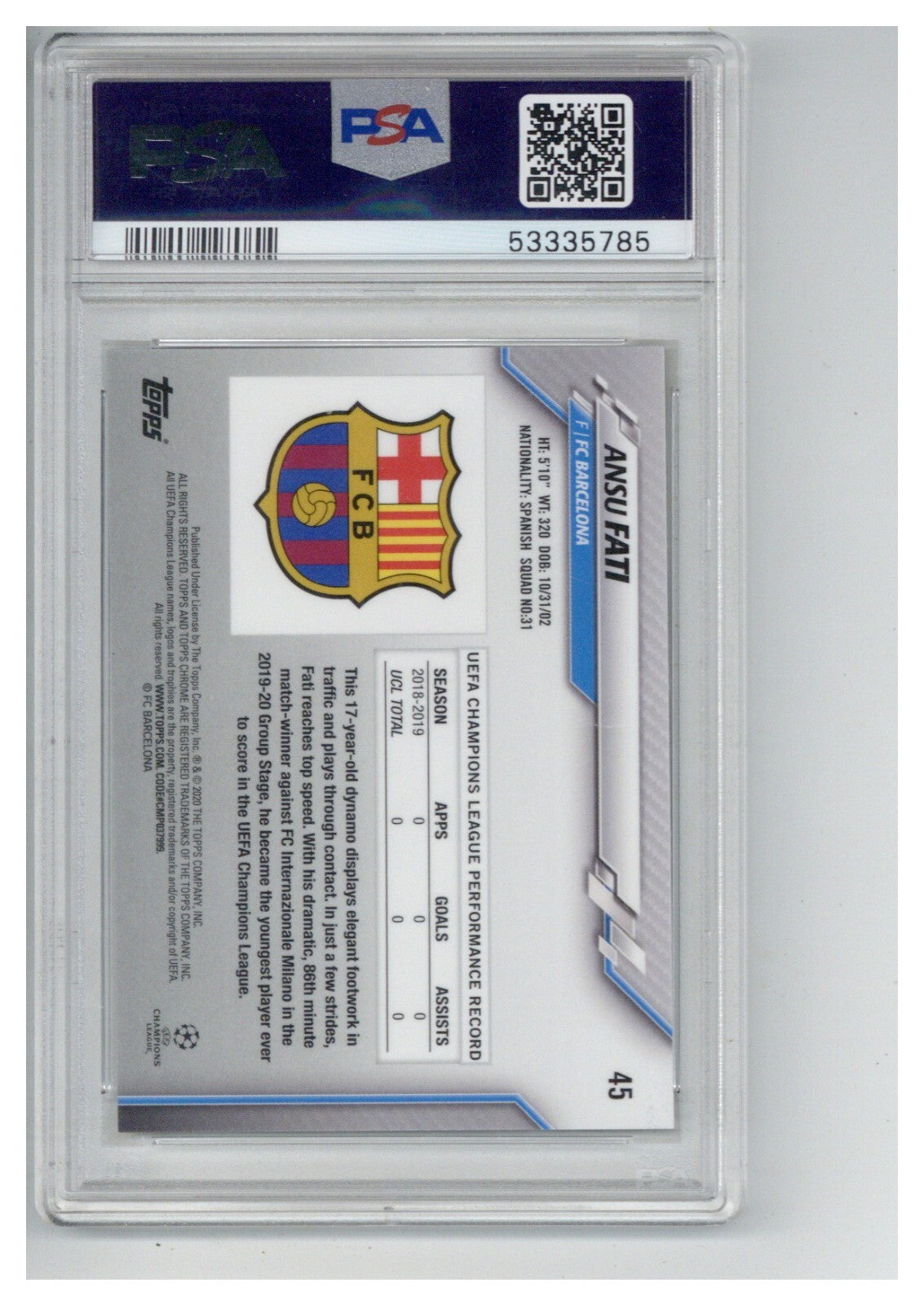 2019 Topps Chrome UCL Ansu Fati Speckle Refractor PSA 101