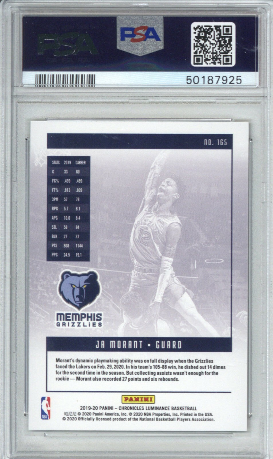 2019 Panini Cronicles #165 Ja Morant PSA 91