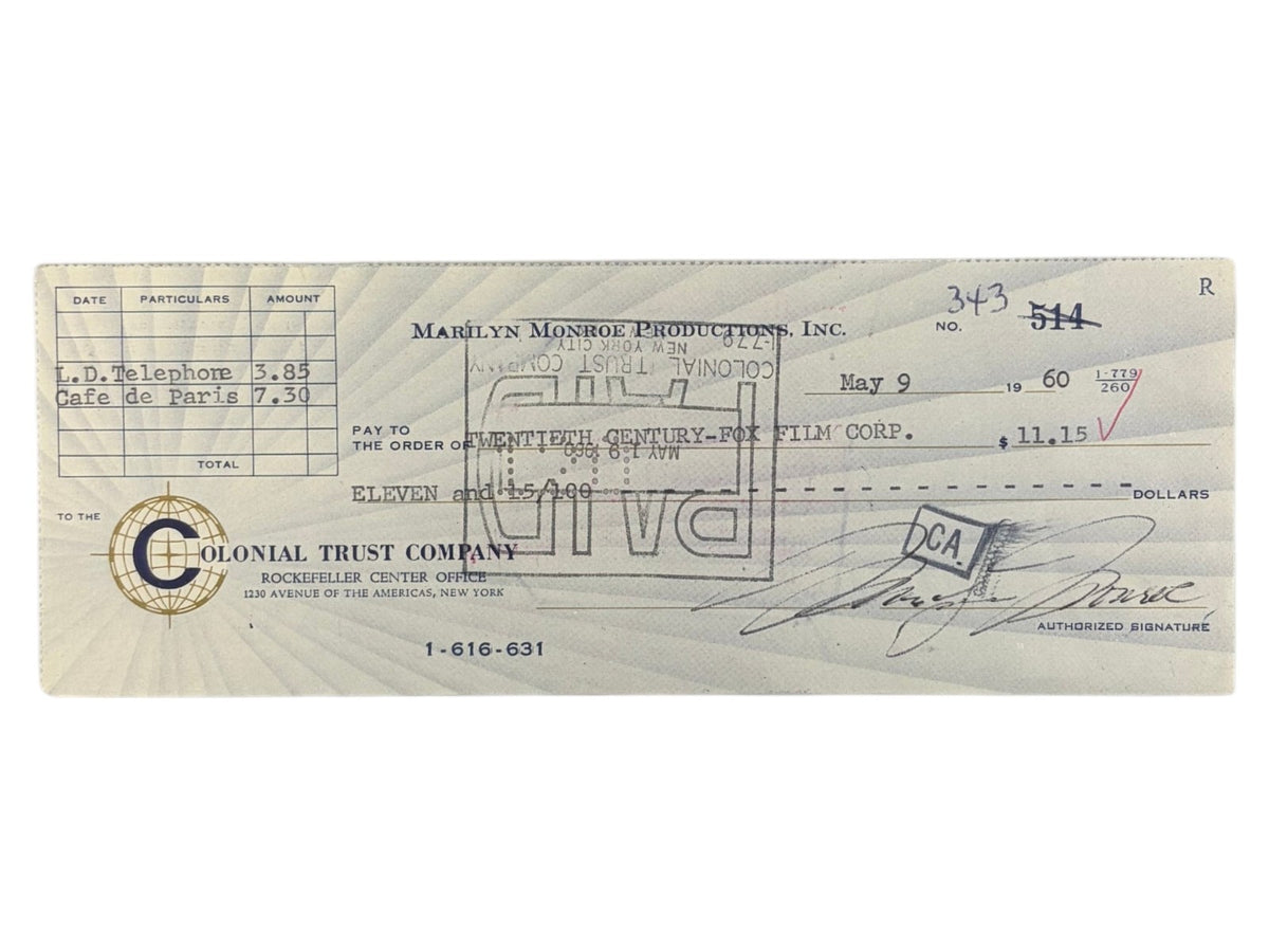 Marilyn Monroe Signed Auto 1960 Bank Check to 20th Century Fox Grad LOA0