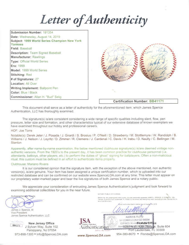 1999 New York Yankees Signed Autographed Jeter Torre WS Baseball JSA 6