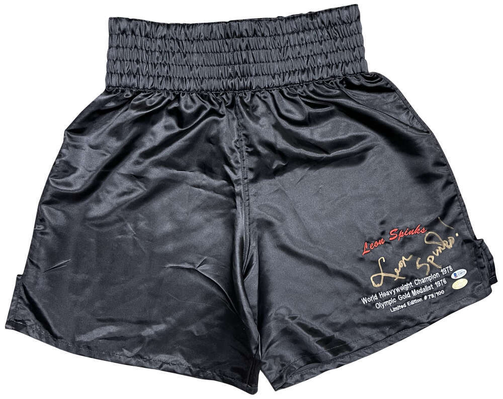 Leon Spinks Signed Personal Model Boxing Trunks Stat Embroidered Beckett BAS 0