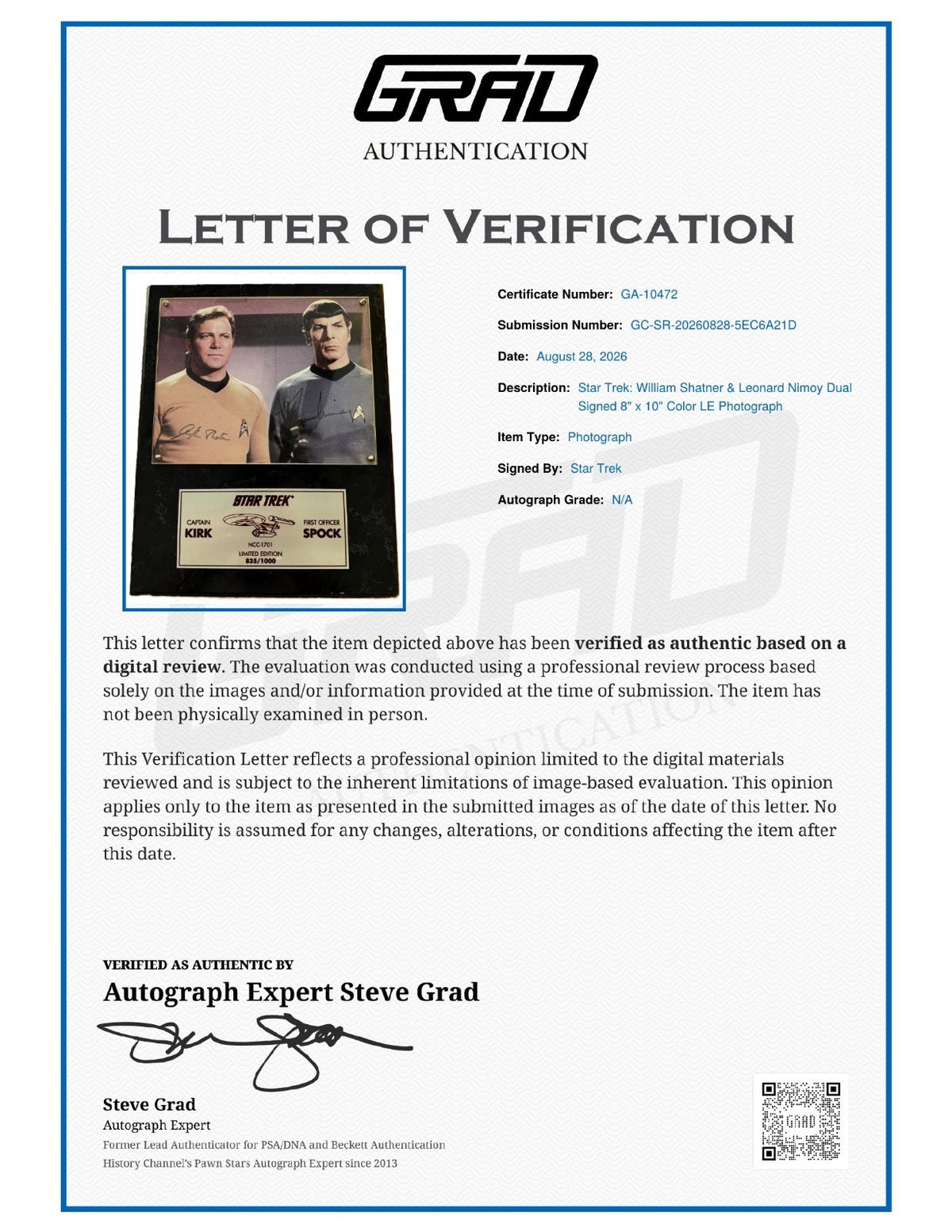 William Shatner Leonard Nimoy Signed Auto Star Trek 8x10 Color Photo Grad LOA2