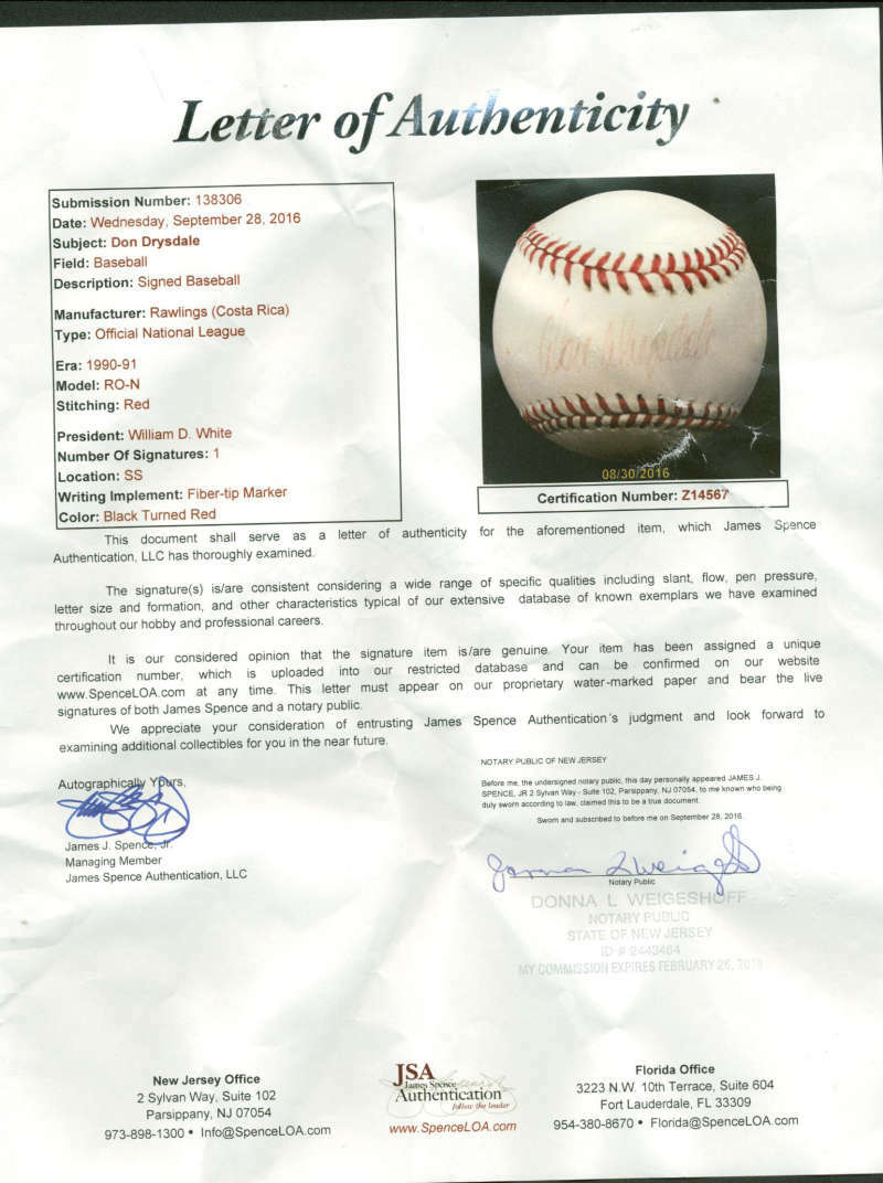 Dodgers Don Drysdale Signed Autographed ONL Baseball JSA Authentic1