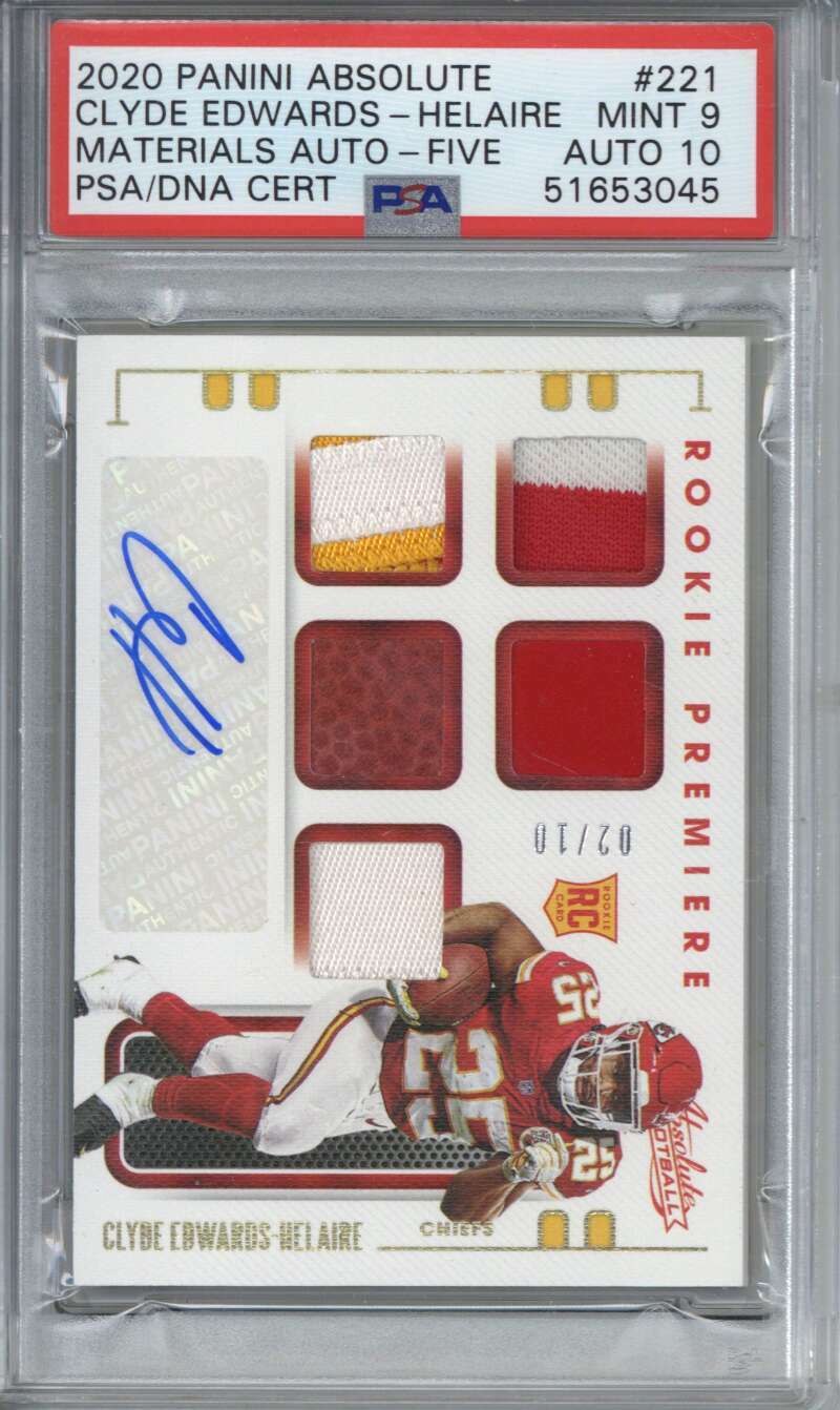 2020 Panini Absolute 221 Clyde Edwards Helaire Materials Autograph Five PSA 9 100