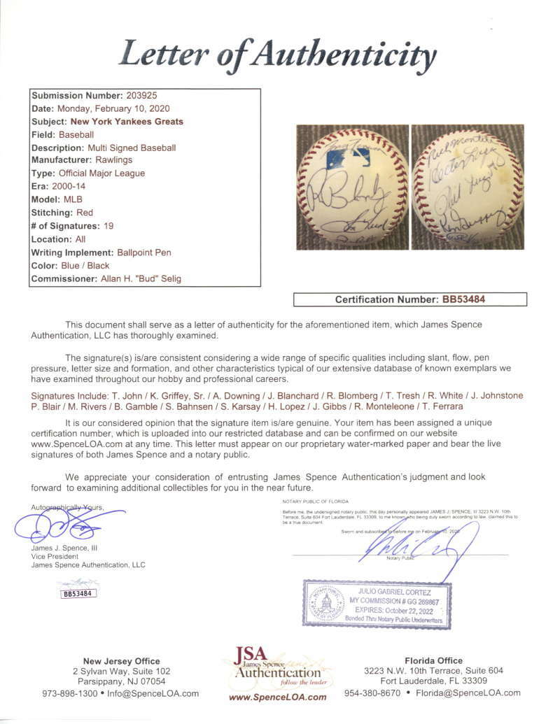 Yankee Greats Signed Griffey Tresh Lopez Downing Rivers OML Baseball JSA 5