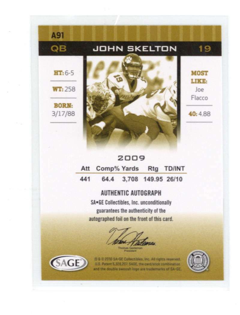 John Skelton Signed Auto 2010 Sage Rookie Card 1