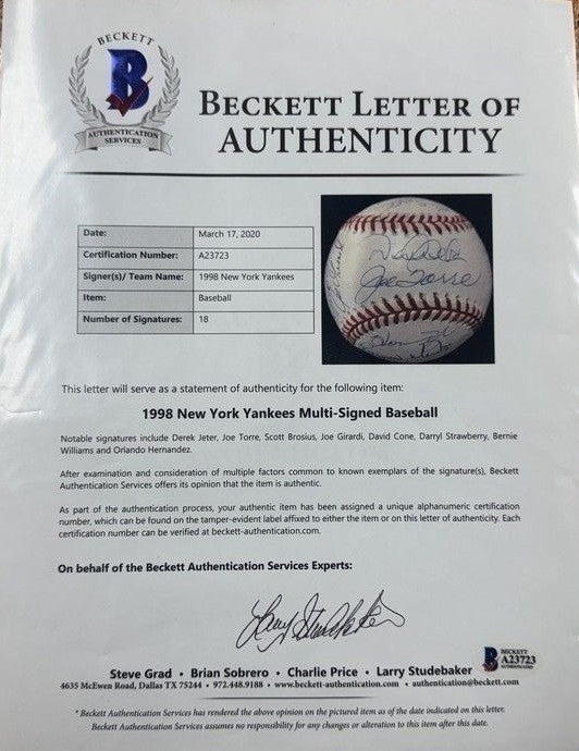 1998 New York Yankees Team Signed Auto World Series Baseball Jeter Beckett BAS5