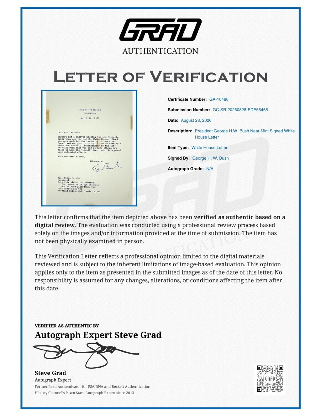 George HW Bush Signed Auto White House Letter President Near Mint Grad LOA1