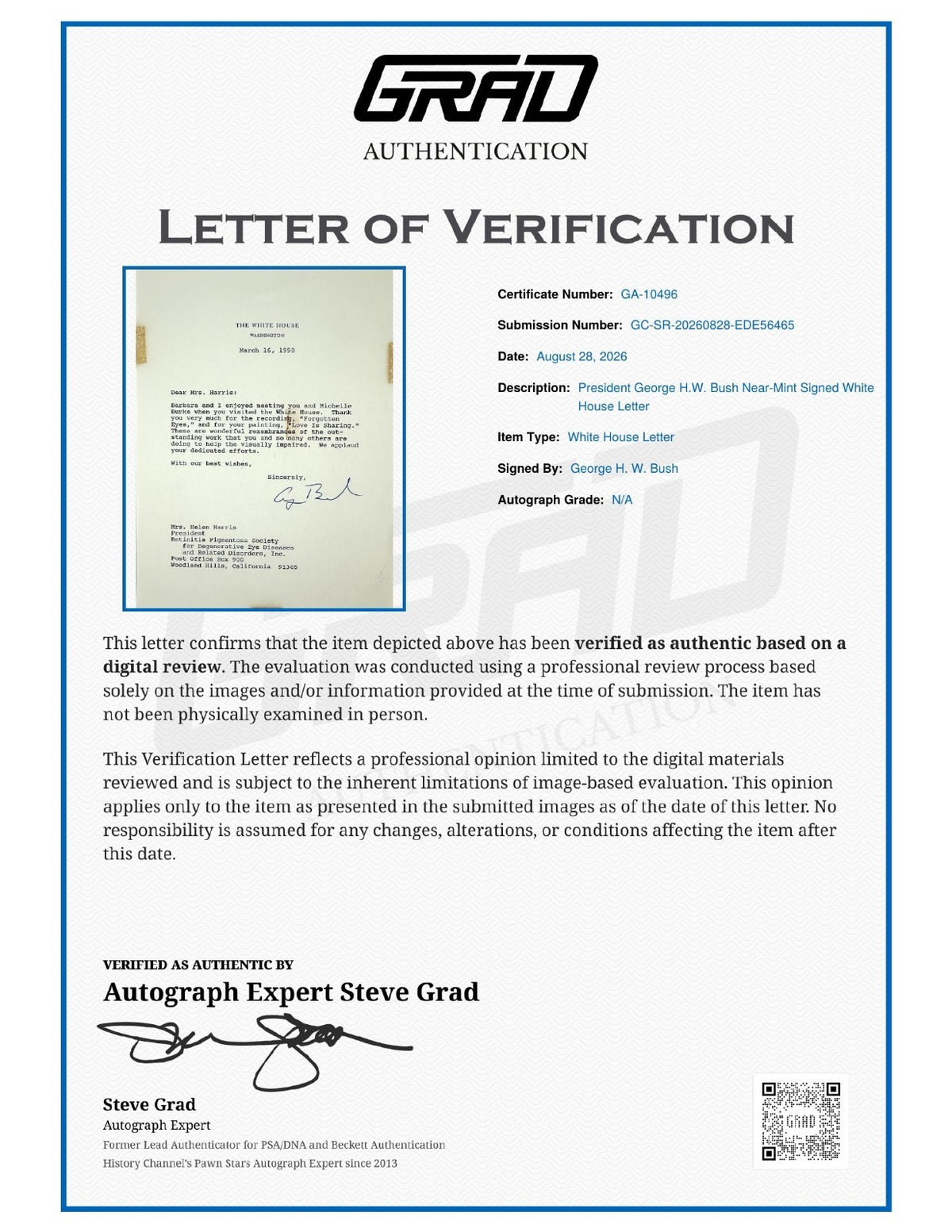 George HW Bush Signed Auto White House Letter President Near Mint Grad LOA1