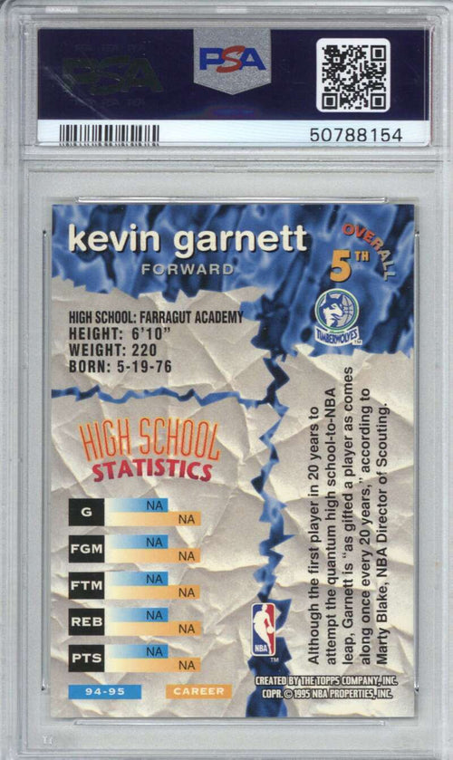 1995 Stadium Club 5 Kevin Garnett Draft Picks PSA 9 1