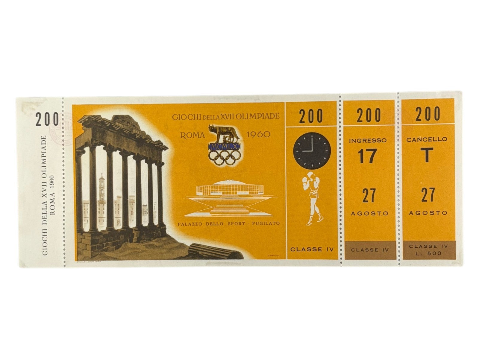 1960 Rome Olympics Full Unused Boxing Ticket Aug 27 Cassius Clay Muhammad Ali0