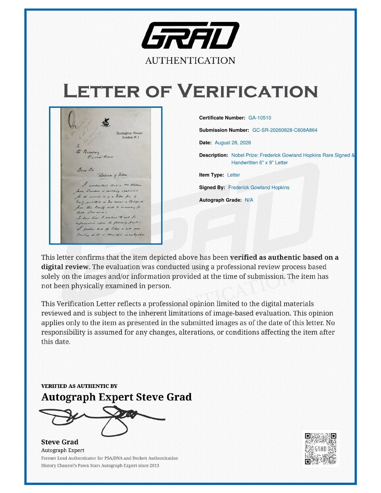 Frederick Gowland Hopkins Signed Auto Handwritten 6x9 Letter Nobel Grad LOA3