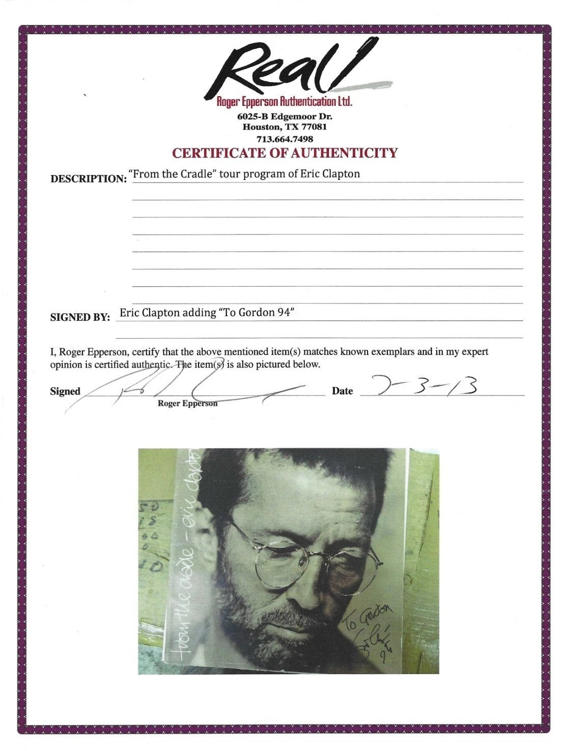 Eric Clapton Signed Auto From the Cradle 12x12 Tour Program REAL Epperson1