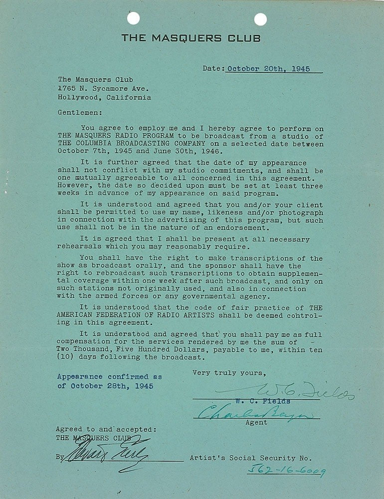 WC Fields Signed Auto 1945 Columbia Temperance Lecture Contract Grad LOA0
