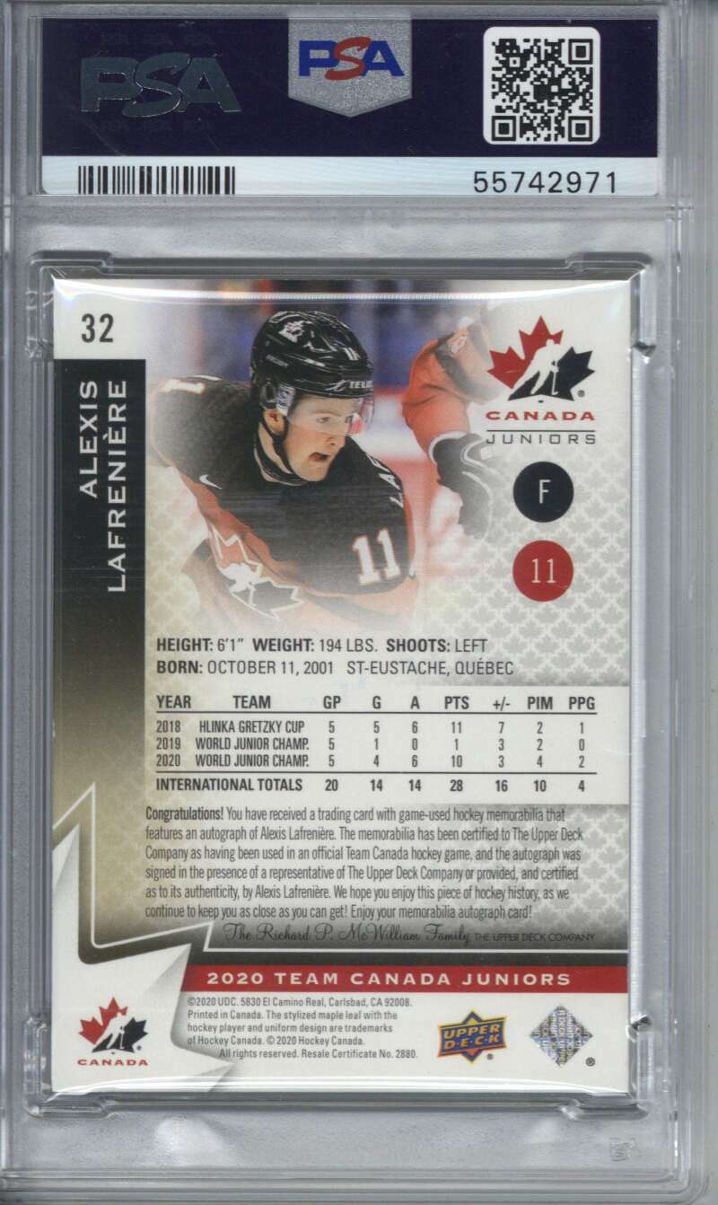 2020 Upper Deck Team Canada Juniors Alexis Lafreniere Patch Auto /125 PSA 8 10 1