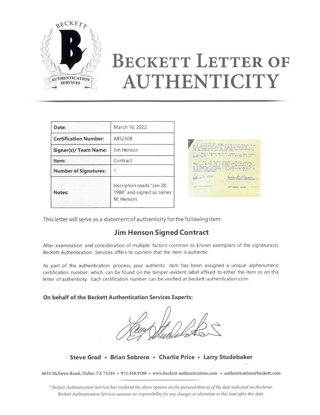 Jim Henson Signed Auto Muppets Inc Pension Document Full Name Beckett BAS3