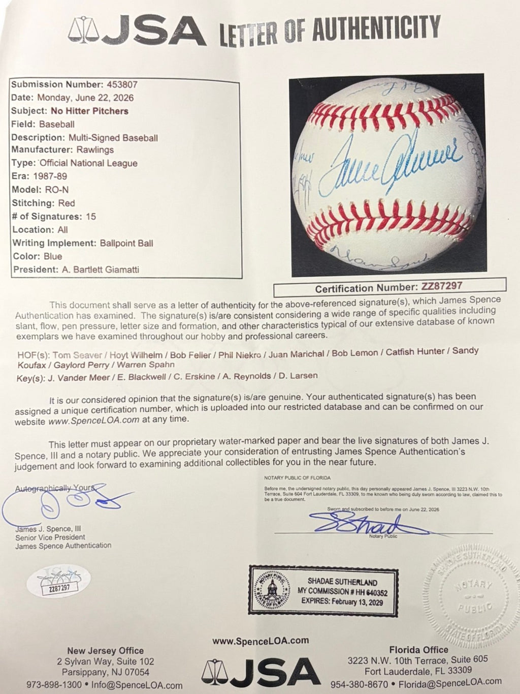No Hitter Legends Multi Signed Auto ONL Baseball Koufax Seaver Hunter JSA6