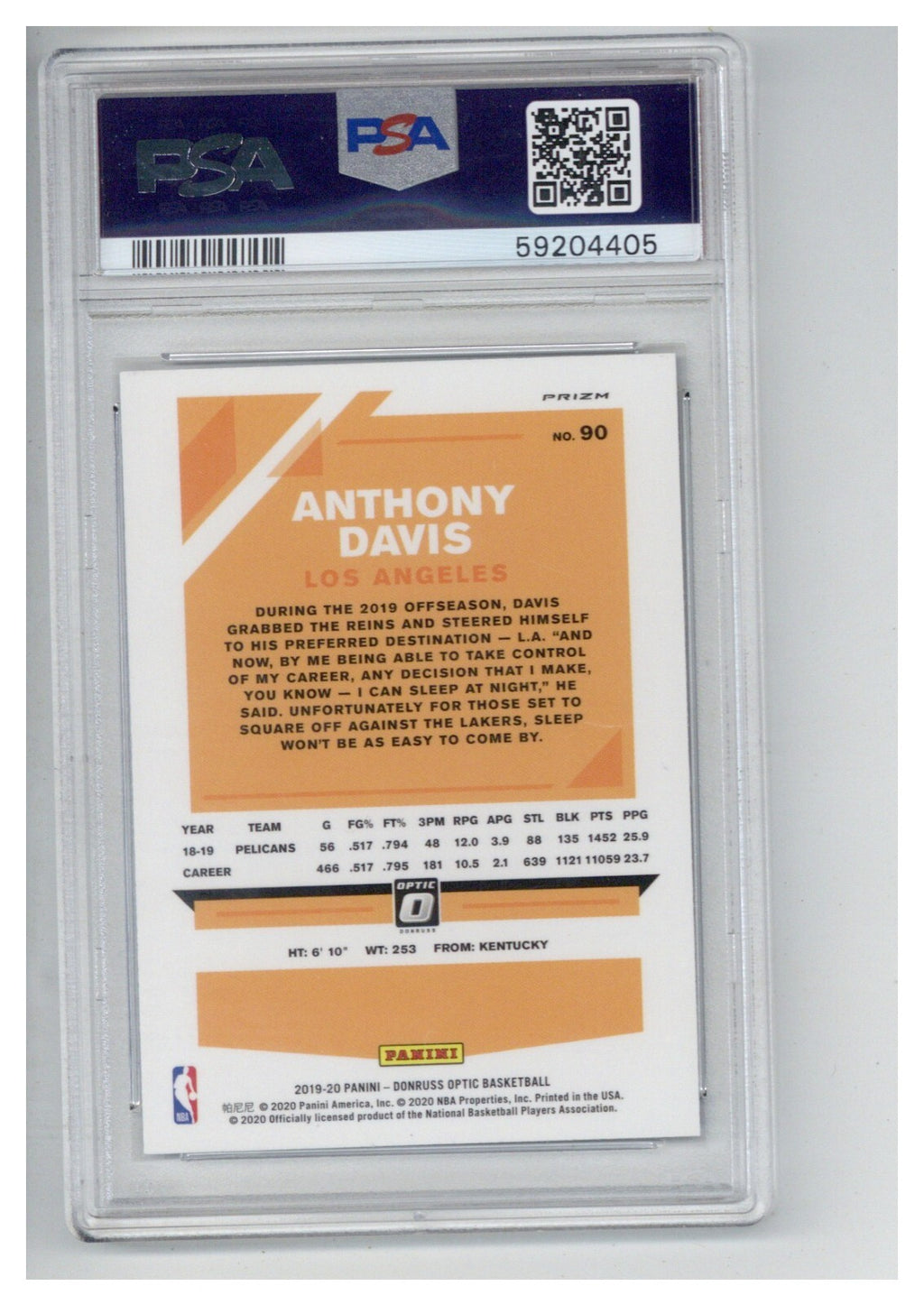 2019 Panini Donruss Optic 90 Anthony Davis Blue Velocity PSA 91