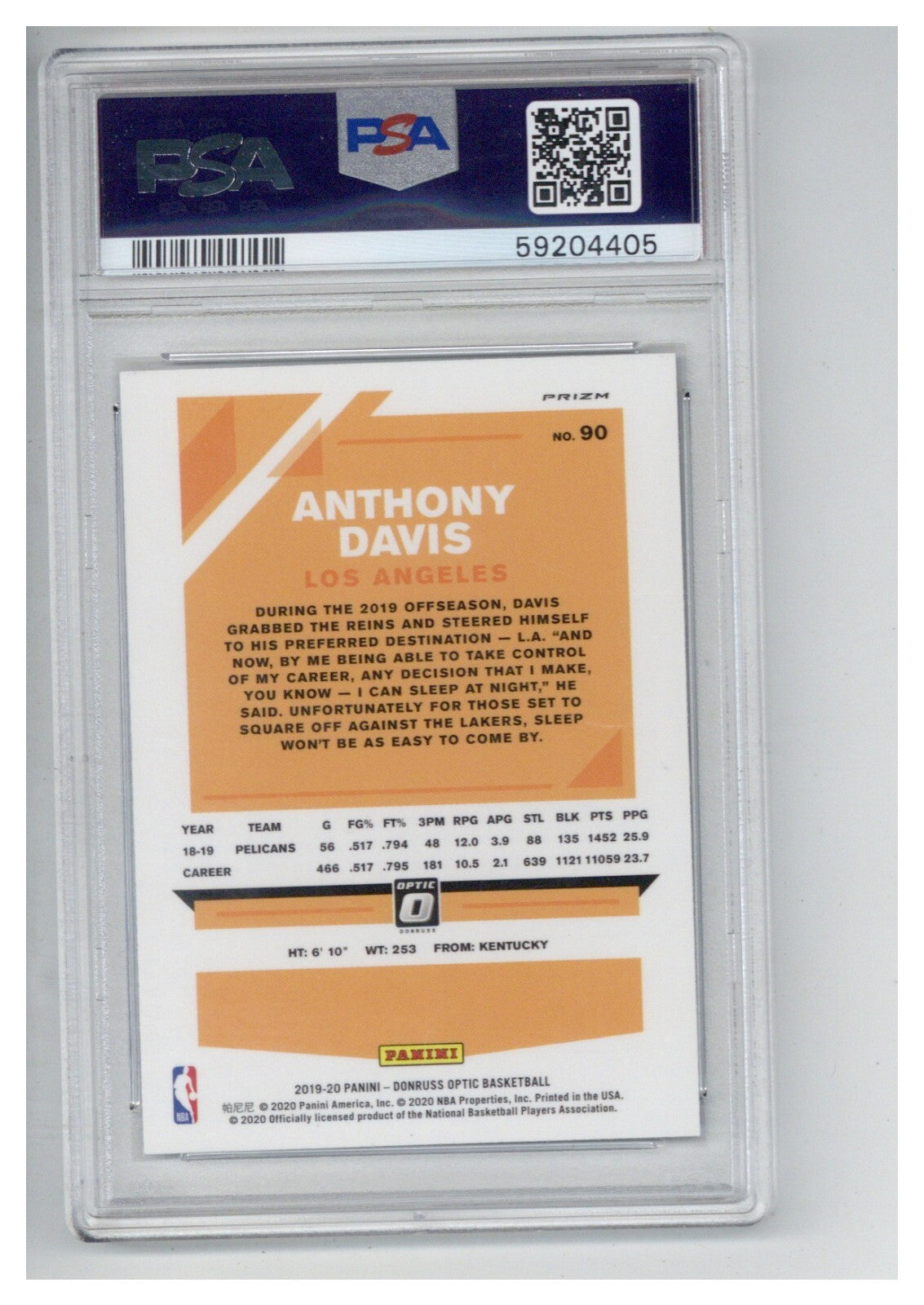 2019 Panini Donruss Optic 90 Anthony Davis Blue Velocity PSA 91