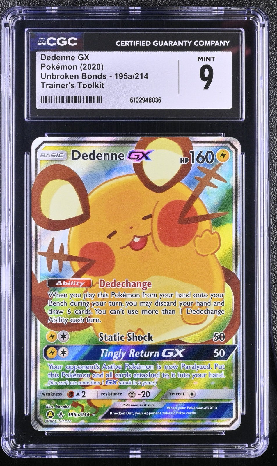 2020 Pokemon Unbroken Bonds #195a/214 Dedenne Gx Trainer Toolkit CGC 90