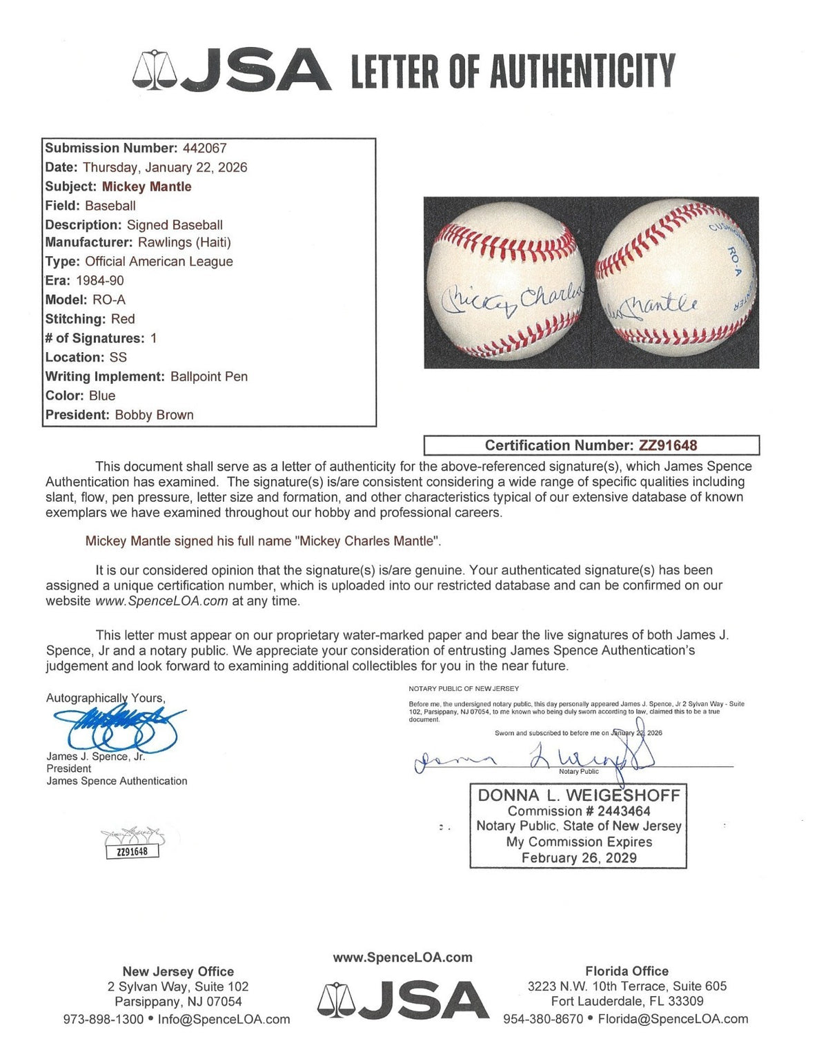 Mickey Mantle Signed Auto Full Name Mickey Charles Mantle OAL Baseball PSA DNA4