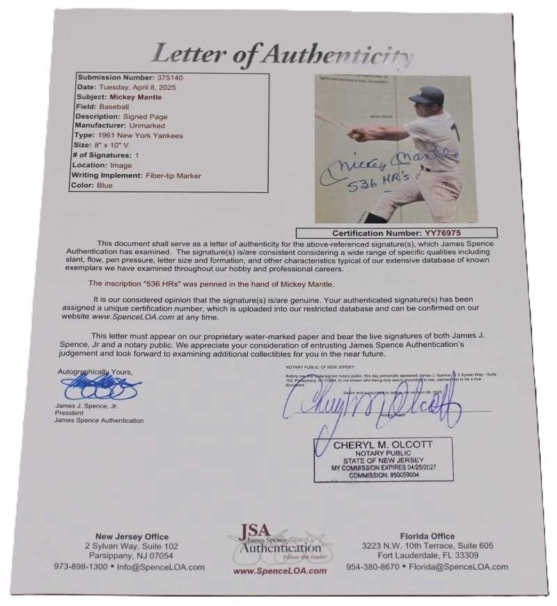 Mickey Mantle Signed Auto 1961 Yankees 8x10 Photo 536 HRs Inscribed JSA1