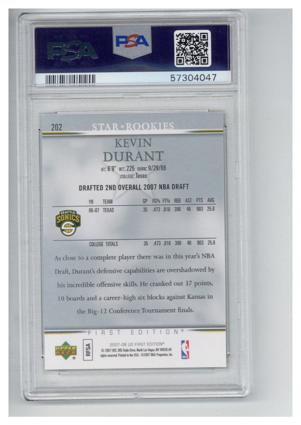 2007 Upper Deck First Edition 202 Kevin Durant PSA 91