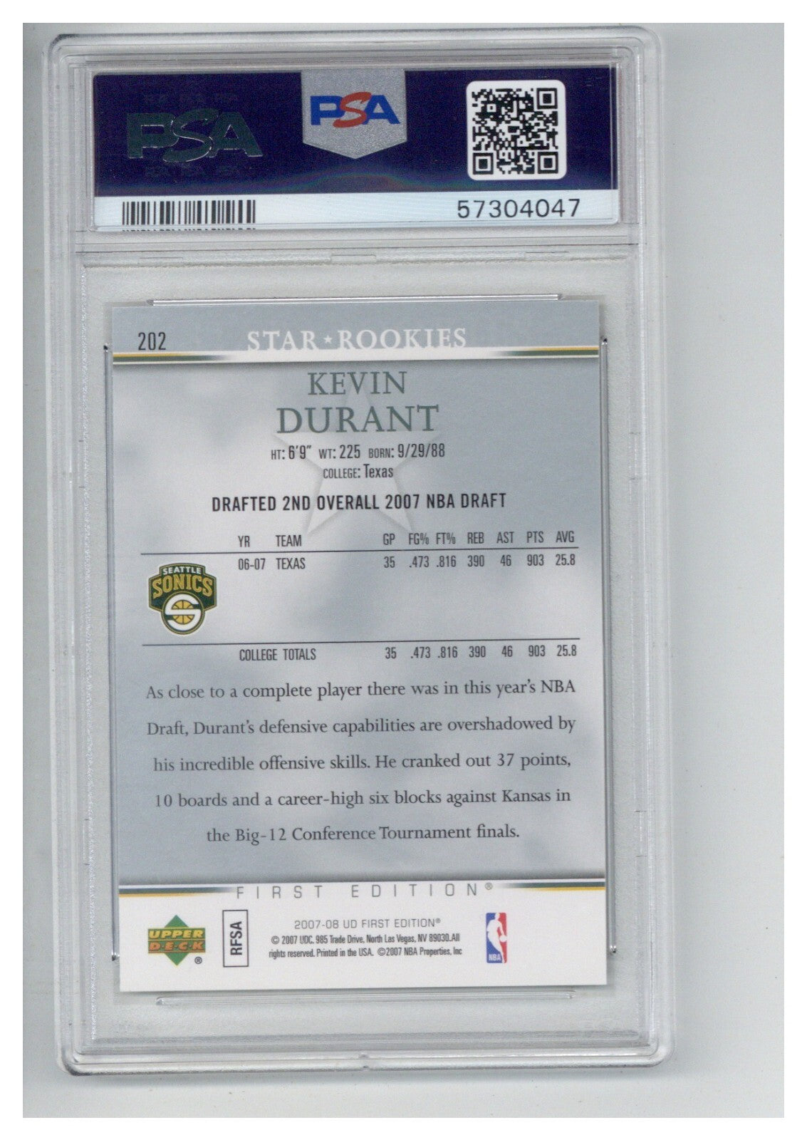 2007 Upper Deck First Edition 202 Kevin Durant PSA 91