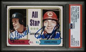 Carlton Fisk Johnny Bench Signed Auto 1974 Topps #331 PSA 3 Auto 8 Reds Red Sox