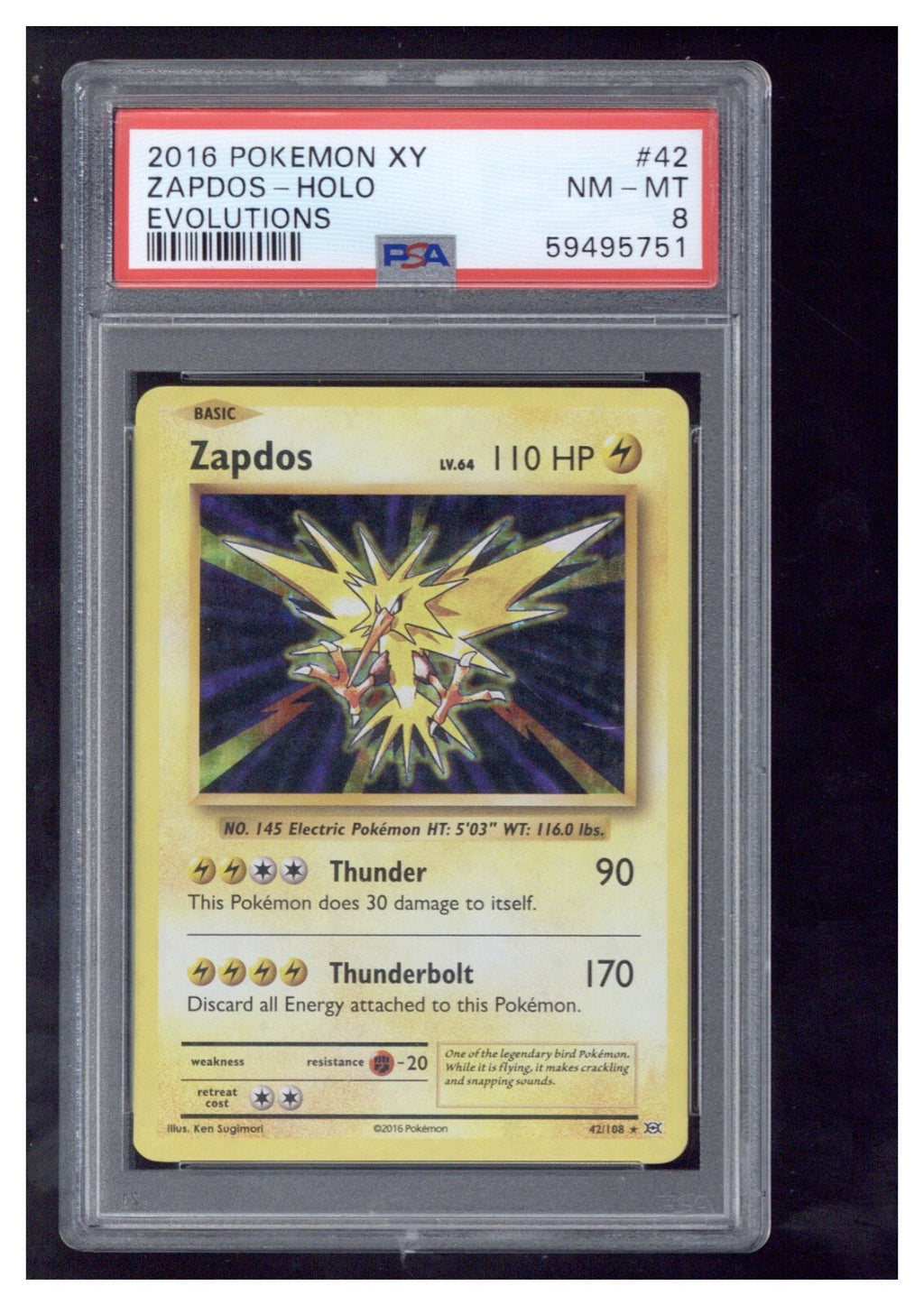 2016 Pokemon XY Evolutions 42 Zapdos Holo PSA 80