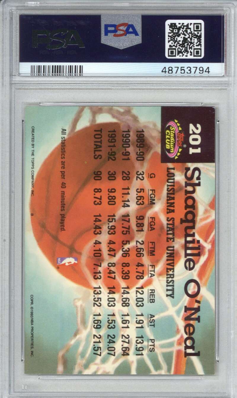 1992 Stadium Club 201 Shaquille O'Neal PSA 7.51