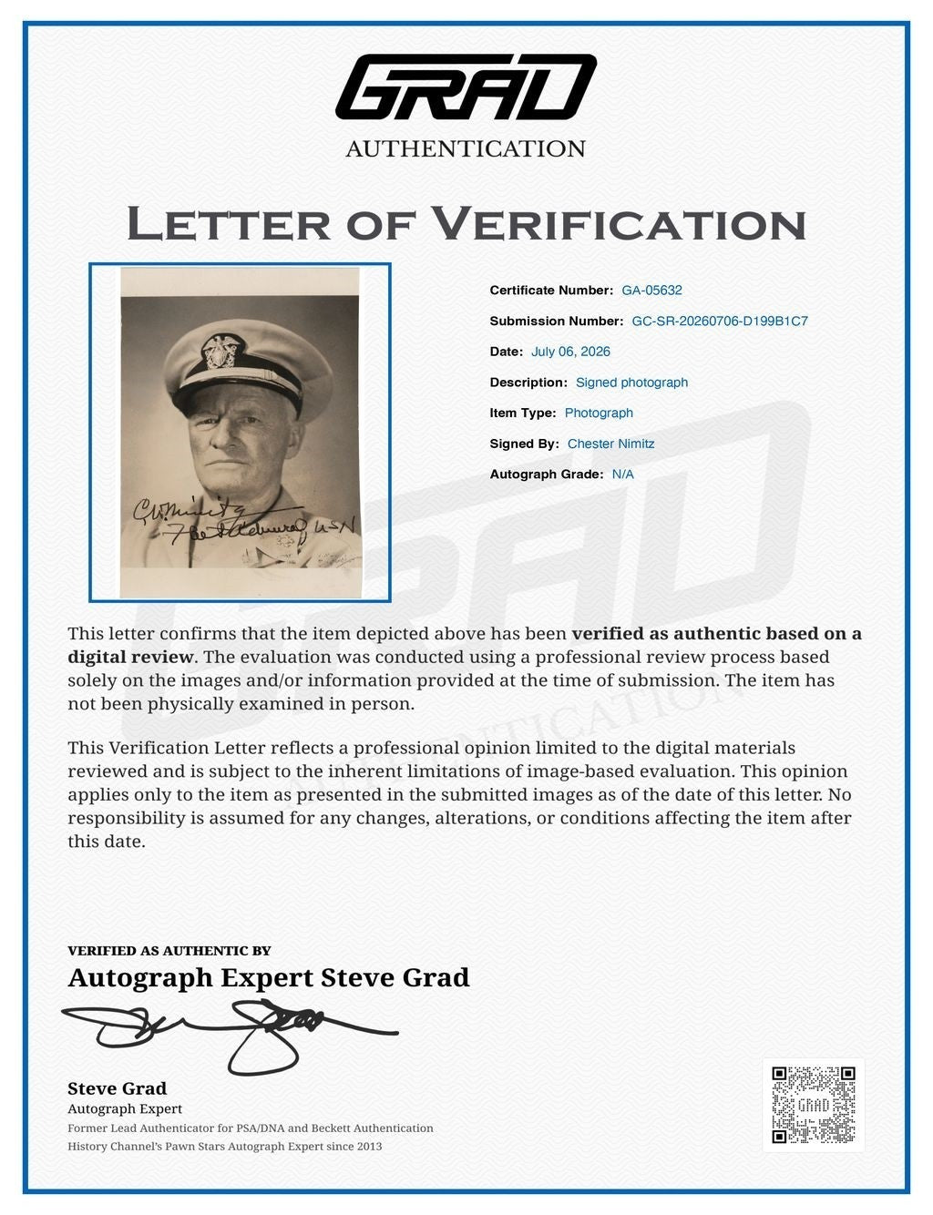 Chester Nimitz Signed Auto 3.25x5 Black White Photo WWII Fleet Admiral GRAD1
