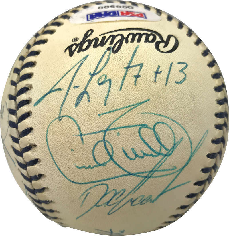 1996 Yankees Team Signed OAL Mickey Mantle Baseball Jeter Rivera PSA/DNA3