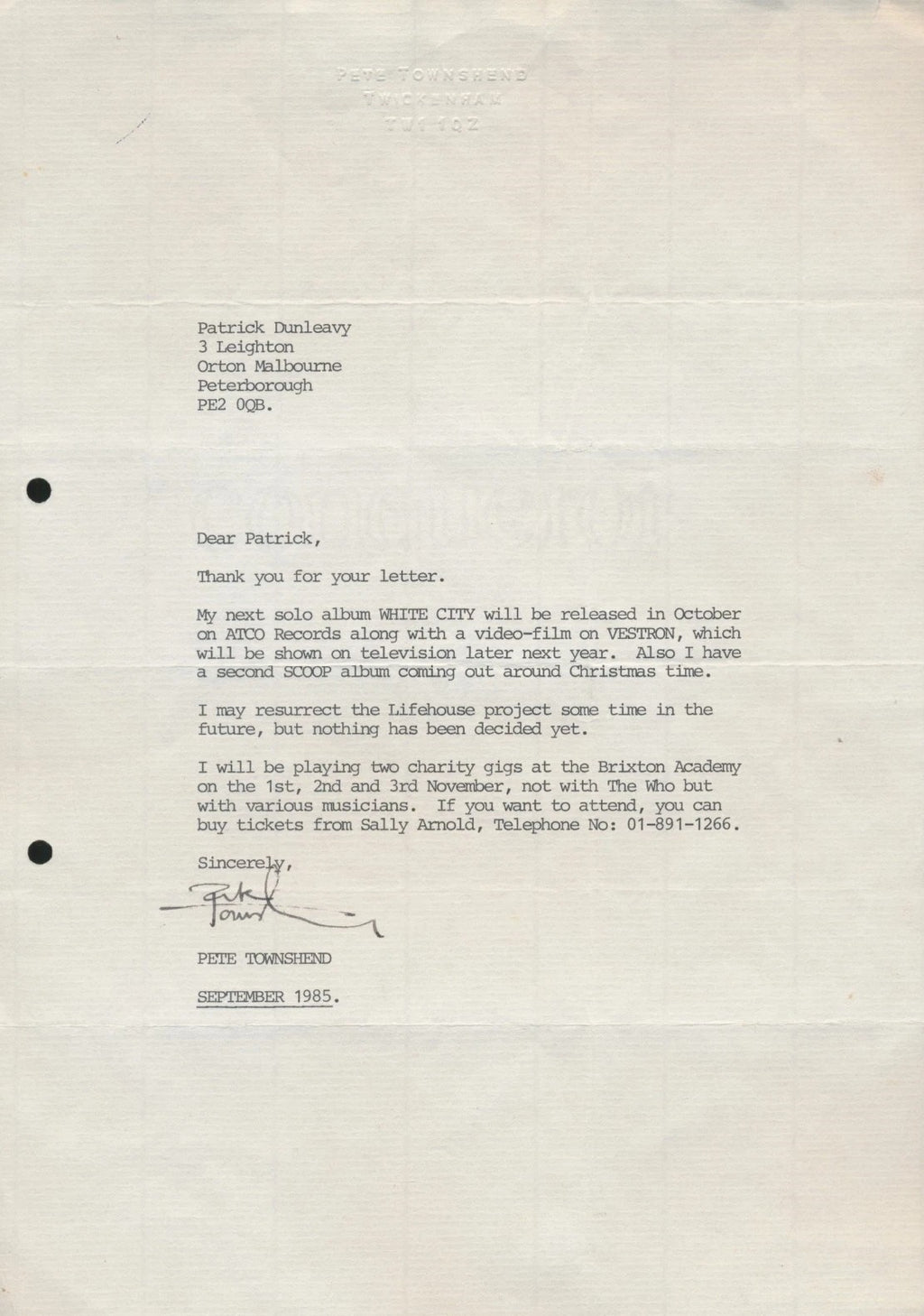 Pete Townshend Signed Auto The Who 1985 8x11 Letter Album Content Grad LOA0