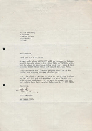 Pete Townshend Signed Auto The Who 1985 8x11 Letter Album Content Grad LOA